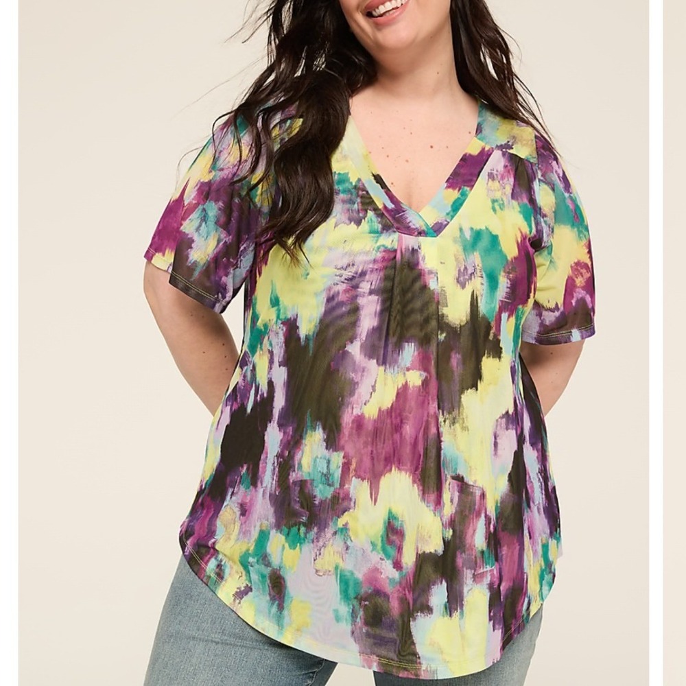 Lane Bryant Green Abstract Mesh‎ Flutter Sleeve V-Neck Top Womens 18/20 Artistic